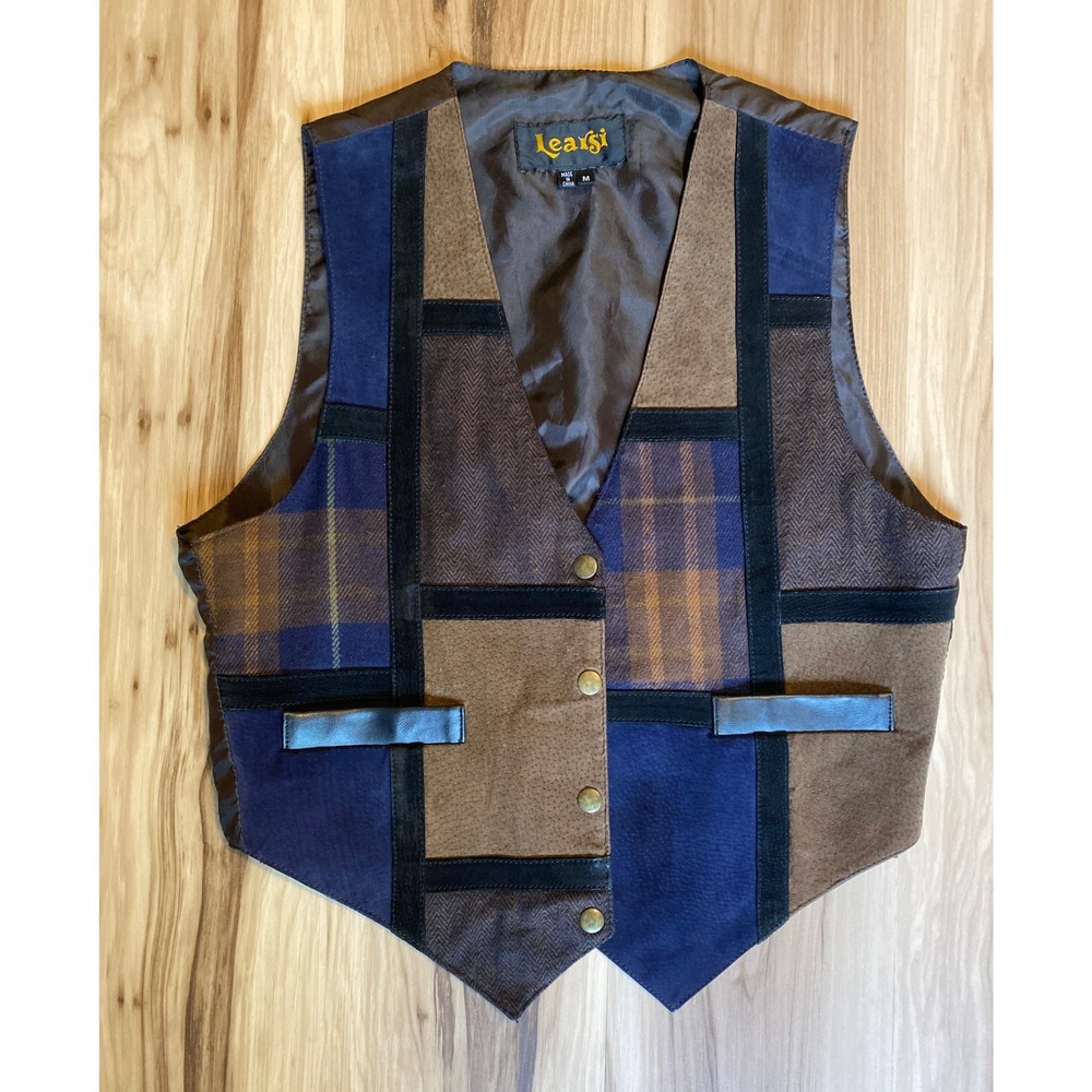 Learsi Vintage Mens Patchwork Leather Vest Brown Navy Plaid Suede V-Neck Medium